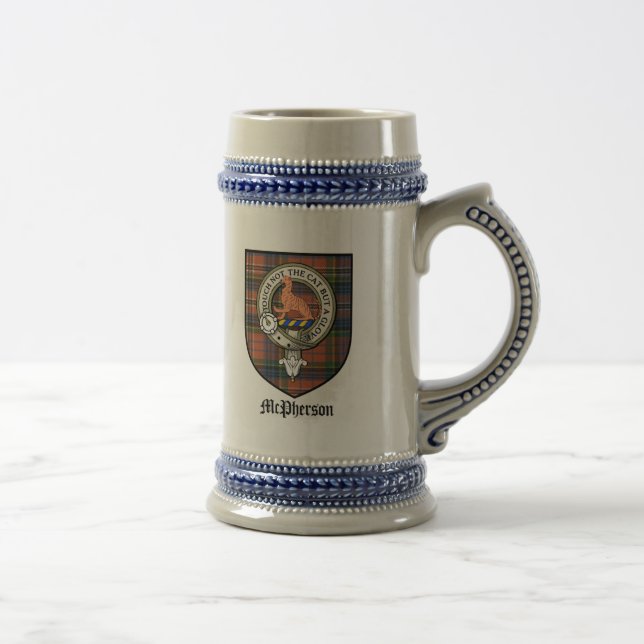 McPherson Clan Crest Badge Tartan Beer Stein (Right)