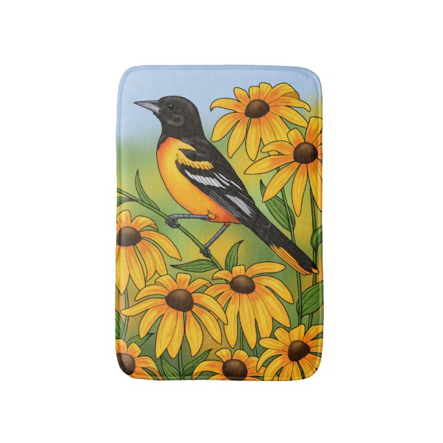 MD State Bird Oriole & Black-eyed Susan Flower Bath Mat (Front Vertical)