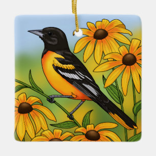 MD State Bird Oriole & Black-eyed Susan Flower Ceramic Ornament