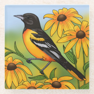 MD State Bird Oriole & Black-eyed Susan Flower Glass Coaster