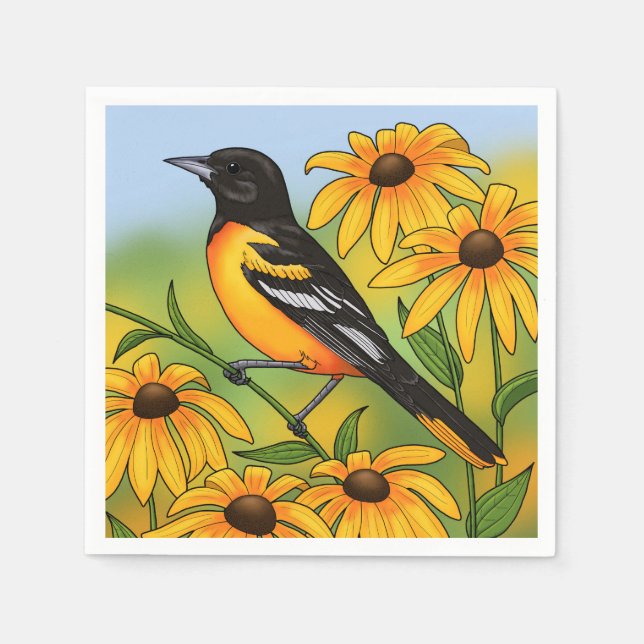MD State Bird Oriole & Black-eyed Susan Flower Napkin (Front)