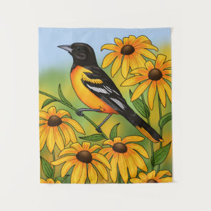MD State Bird Oriole & Black-eyed Susan Flower Tapestry