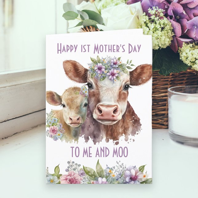 Me and Moo Cute Mother and Baby Cow Mother's Day Holiday Card (Mother's Day Card with mummy and me cute cow and baby .. funny pun to me and moo)