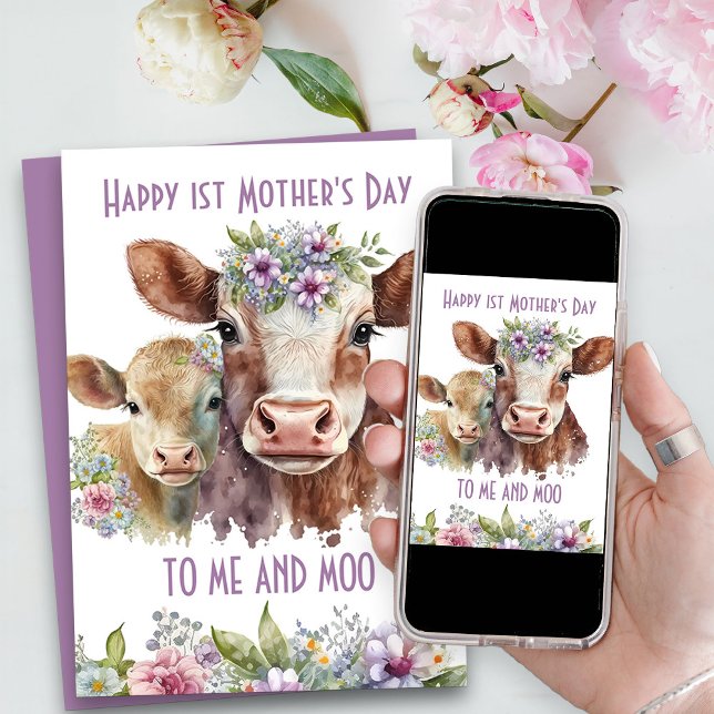 Me and Moo Cute Mother and Baby Cow Mother's Day Holiday Card (Mother's Day Card with mommy and baby cow .. cute funny Me and Moo pun)