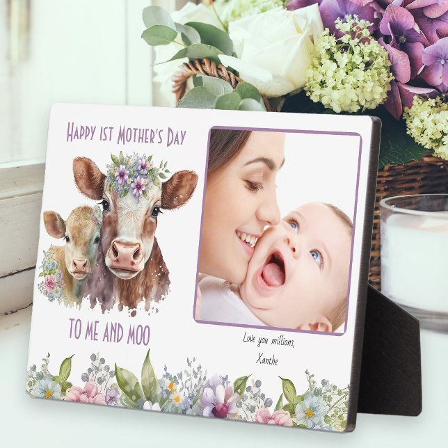 Me and Moo Mummy and Baby Cow Mother's Day Photo Plaque (Mother's Day photo plaque with cute mommy and baby cow and fun pun to Me and Moo)