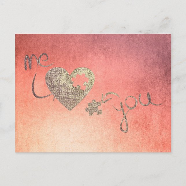 Me and You Heart Puzzles Love Valentine Rose Gold Holiday Postcard (Front)