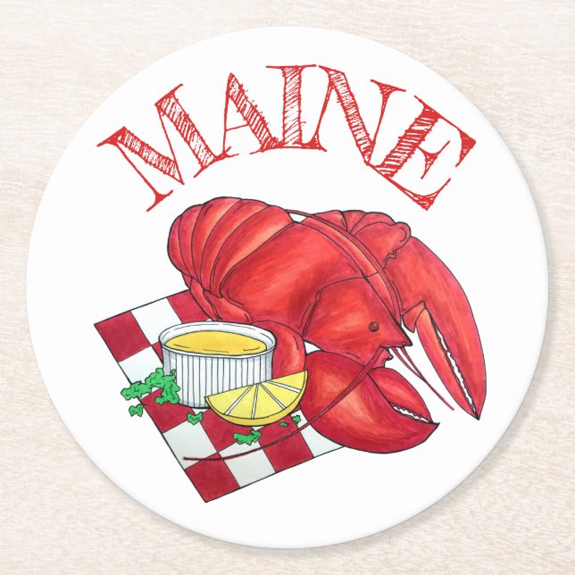 ME Maine Lobster Shack Seafood Dinner Red Gingham Round Paper Coaster (Front)