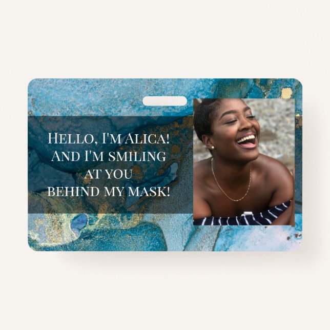 Me Smiling at You Behind this Mask! Aqua & Gold ID Badge (Front)