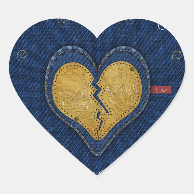Me-you broken leather and jeans fabric heart sticker (Front)