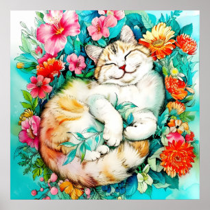 Meadow Blossom Cat Bliss Watercolor Poster