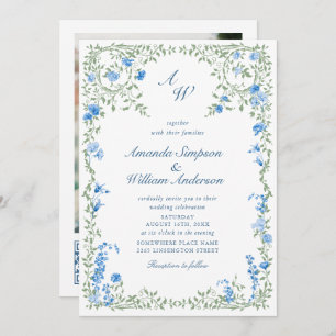 Meadow Blue French Roses Wedding QR code Photo Invitation