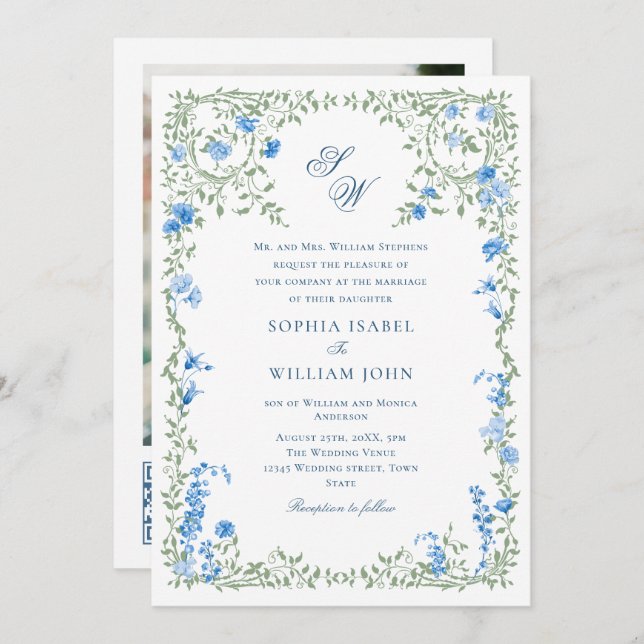 Meadow Blue French Roses Wedding QR code Photo Invitation (Front/Back)