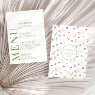 Meadow colourful wildflower boho wedding menu card