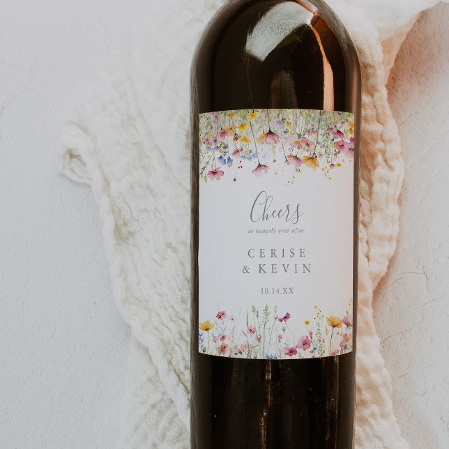 Meadow Colourful Wildflower Cheers Wedding  Wine Label (Creator Uploaded)