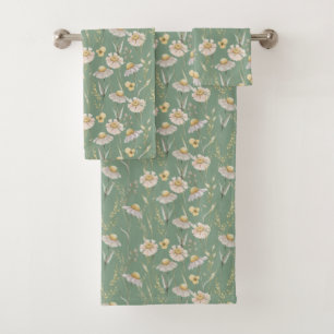 Meadow cottage country print on green  bath towel set