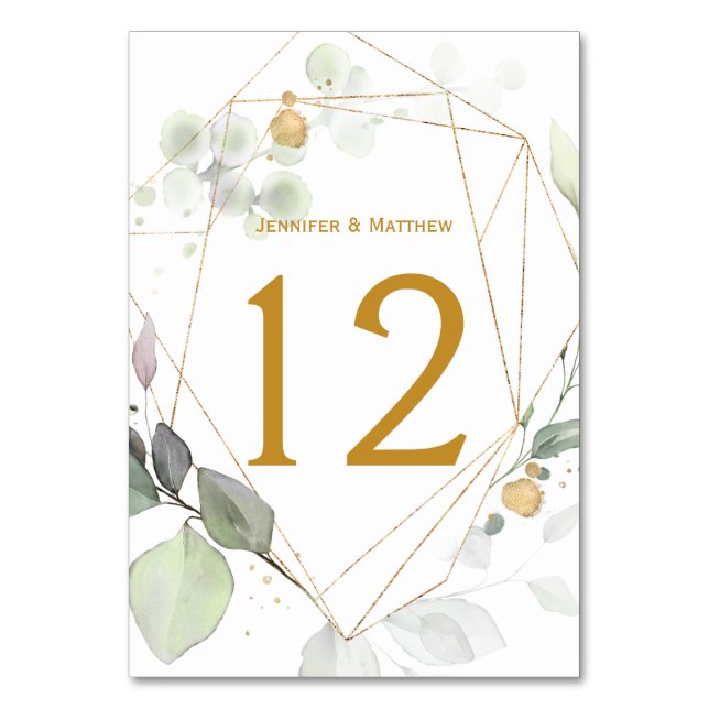 Meadow Eucalyptus Leaves Green & Gold Geometric Table Number (Front)