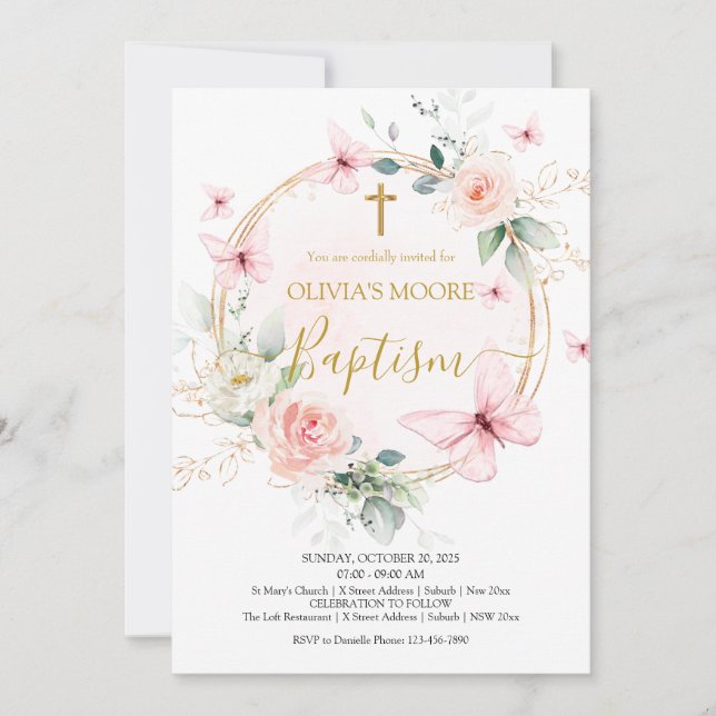 Meadow Floral Butterfly Baptism Invitation (Front)