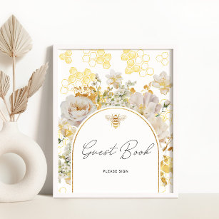 Meadow floral gold bee Guest book poster