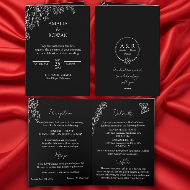 Meadow Flowers Black and White All-in-one  Wedding Invitation (Creator Uploaded)