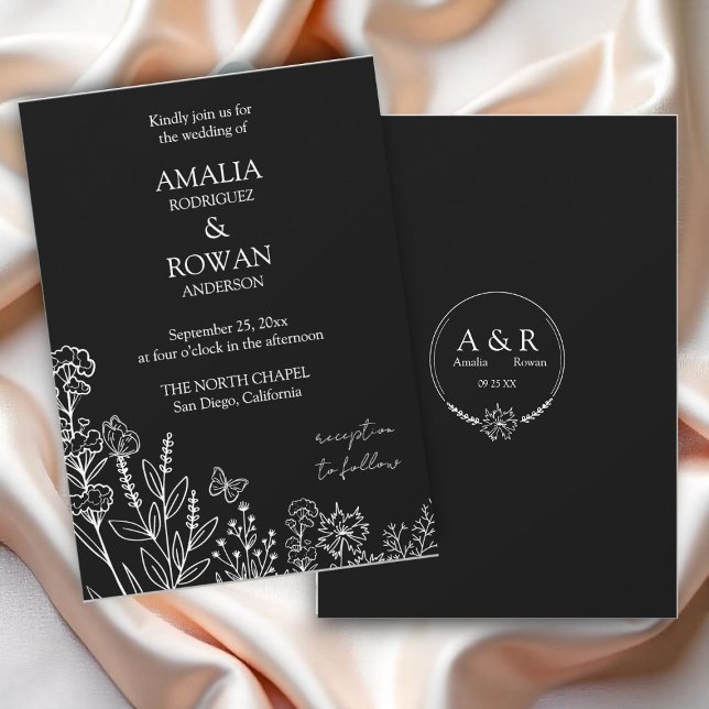 Meadow Flowers Black and White Wedding Invitation (Creator Uploaded)