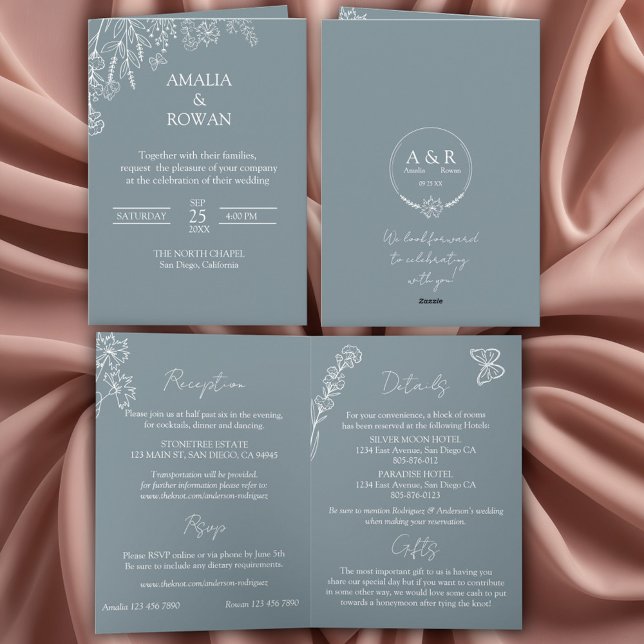 Meadow Flowers Blue grey All-in-one  Wedding Invitation (Creator Uploaded)