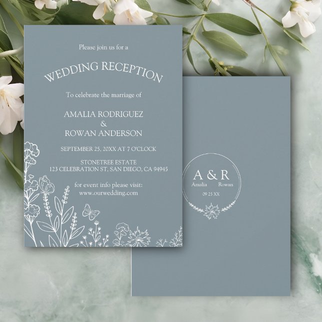 Meadow Flowers Blue Grey Wedding Reception Invitation (Creator Uploaded)