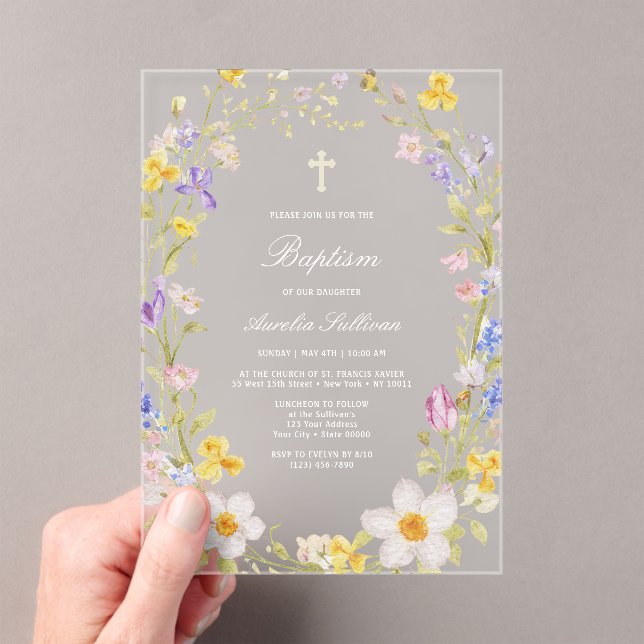 Meadow Flowers Frame Baptism Acrylic Invitation (Insitu (Handheld))