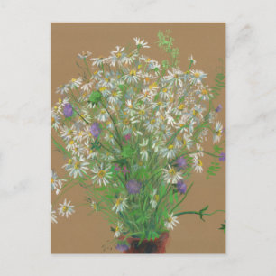 Meadow flowers, pastel painting, white daisies postcard