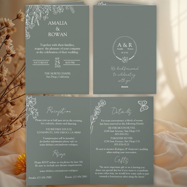 Meadow Flowers Sirocco Green All-in-one  Wedding Invitation (Creator Uploaded)