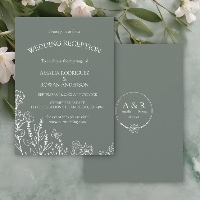 Meadow Flowers Sirocco Green Wedding Reception Invitation (Creator Uploaded)