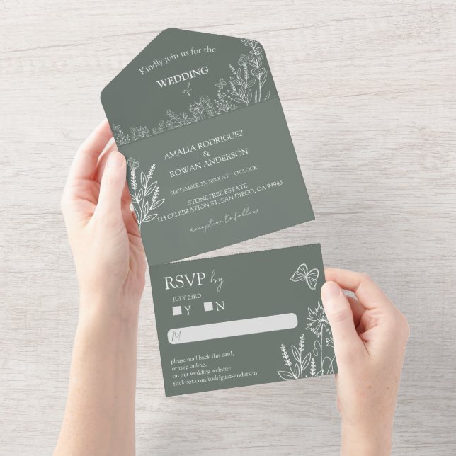 Meadow Flowers Sirocco Green Wedding RSVP All In One Invitation (Tearaway)
