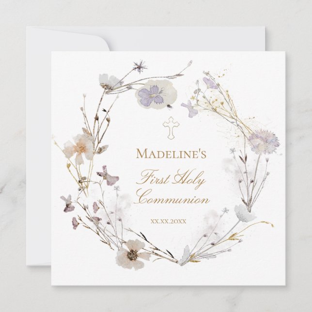 meadow flowers wreath First Holy Communion Invitation (Front)