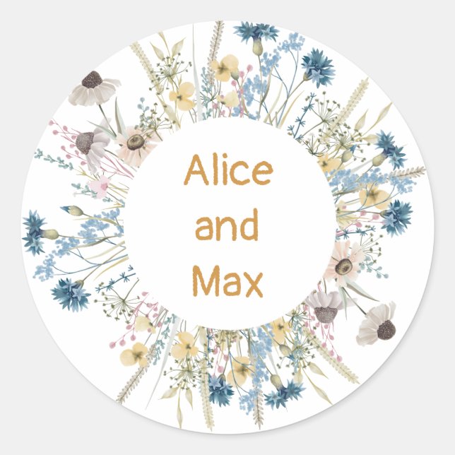 Meadow frame summer yellow blue flowers customise classic round sticker (Front)