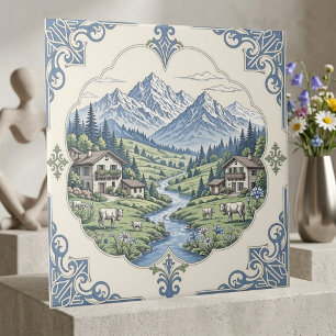 Meadow Grazing Cow Rustic Blue Mountain Scenic Art Tile