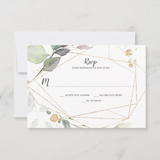 Meadow Green and Gold Leaves Geometric RSVP (Front)