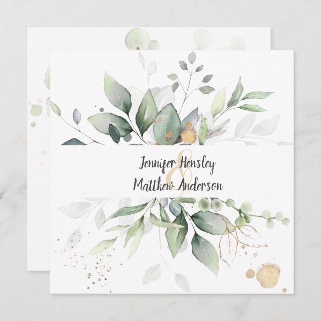 Meadow Green Gold Framed Leaves Wedding Invitation (Front/Back)