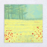 Meadow Landscape Painting Canvas Print<br><div class="desc">A modern contemporary landscape painting featuring a peaceful flower filled summer meadow with birds flying against the sky and a forest of pine trees in the distance.  Fresh and uplifting yellow and green colours. Original art by Nic Squirrell.</div>