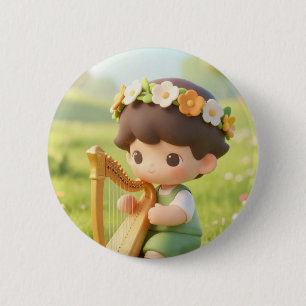 Meadow Melodies: Cute Boy with Flower Crown & Harp 6 Cm Round Badge