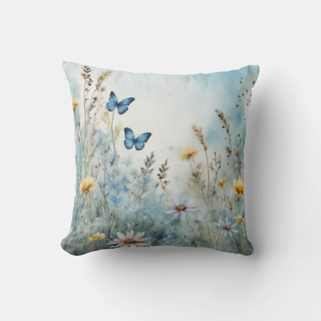 Meadow Muse | Butterfly and Wildflower Watercolor Cushion (Front)