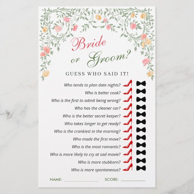 Meadow Pastel French Roses Bridal Shower Game (Front)
