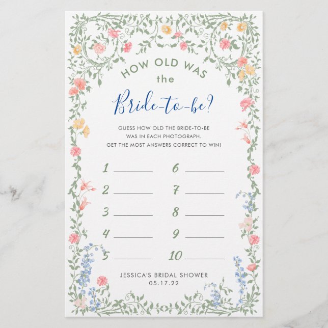 Meadow Pastel French Roses Bridal Shower Game (Front)