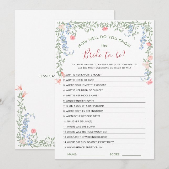 Meadow Pastel French Roses Bridal Shower Game Card (Front/Back)
