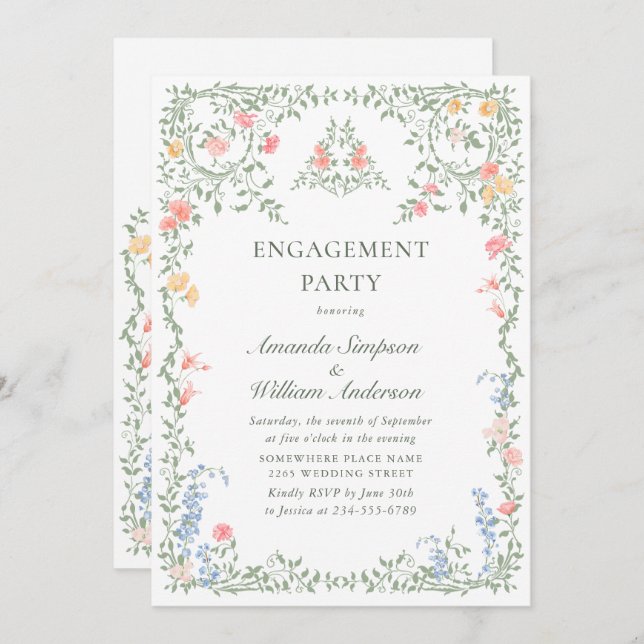 Meadow Pastel French Roses Floral ENGAGEMENT PARTY Invitation (Front/Back)