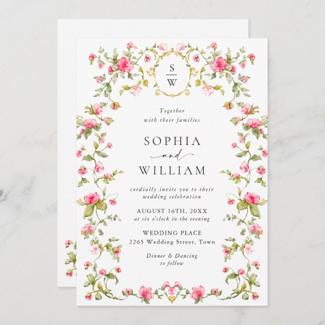 Meadow Pastel French Roses Floral QR code Wedding  Invitation (Front/Back)