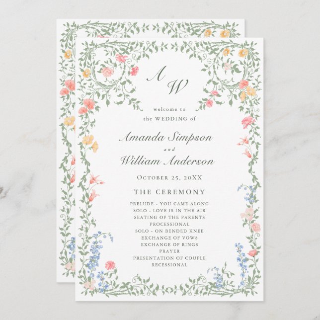 Meadow Pastel French Roses Floral Wedding Ceremony Programme (Front/Back)
