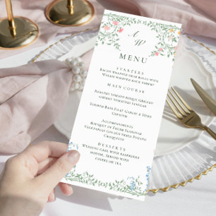 Meadow Pastel French Roses Floral Wedding Dinner Menu