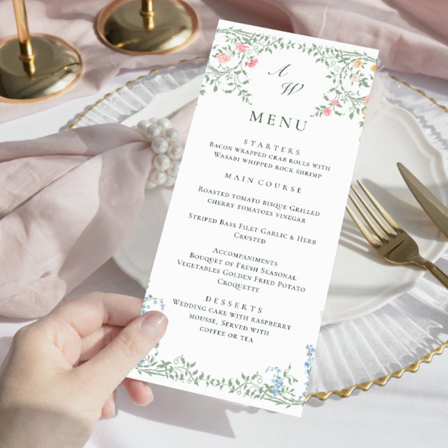 Meadow Pastel French Roses Floral Wedding Dinner Menu (Creator Uploaded)