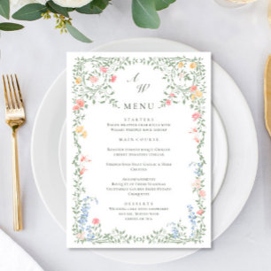 Meadow Pastel French Roses Floral Wedding Dinner Menu