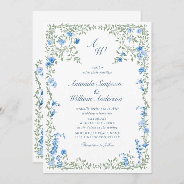 Meadow Pastel French Roses Floral Wedding Invitation (Front/Back)