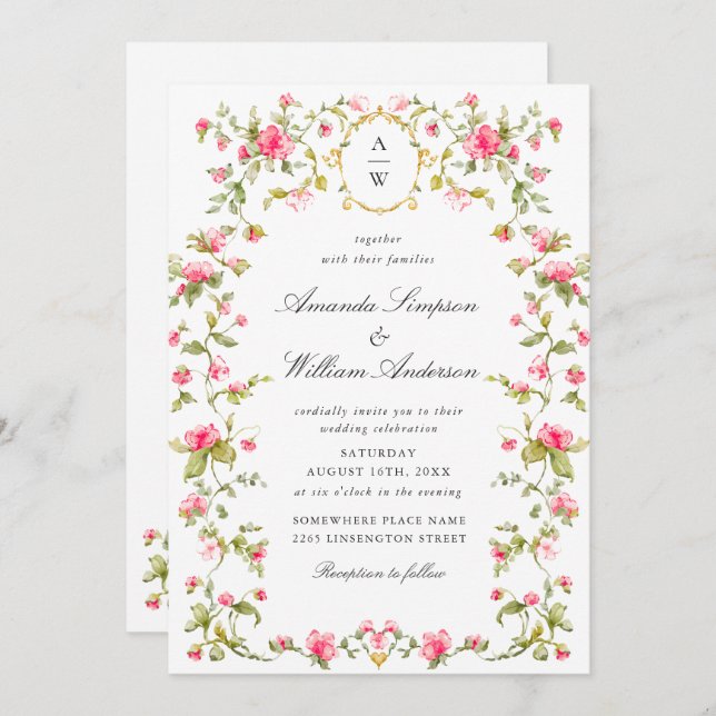 Meadow Pastel French Roses Floral Wedding Invitation (Front/Back)